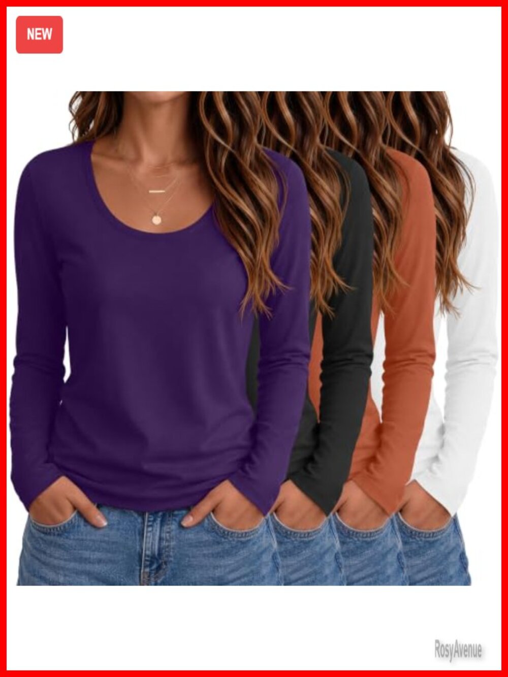 Scoop Neck Long Sleeve T-Shirts 4 Pack Women Loose Fit Basic Tees